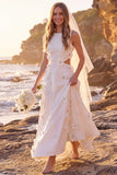 White A-Line Round Neck Cut Out Appliqued Maxi Elopement Wedding Dress