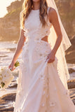 White A-Line Round Neck Cut Out Appliqued Maxi Elopement Wedding Dress