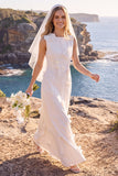 White Sheath Round Neck Appliqued Maxi Elopement Wedding Dress