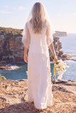 White Sheath Round Neck Appliqued Maxi Elopement Wedding Dress