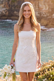 White Sheath Square Neck Appliqued Short Elopement Wedding Dress