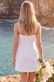 White Sheath Square Neck Appliqued Short Elopement Wedding Dress