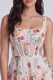 Ivory Floral Corset A-Line Square Neck Mini Graduation Dress