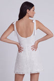 Ivory A-Line Square Neck Floral Mini Graduation Dress