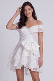 Off the Shoulder Ivory A-Line Tiered Floral Mini Bridal Shower Dress with Bow