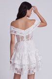 Off the Shoulder Ivory A-Line Tiered Floral Mini Bridal Shower Dress with Bow