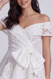 Off the Shoulder Ivory A-Line Tiered Floral Mini Bridal Shower Dress with Bow