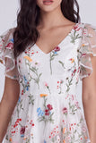 Ivory Floral A-Line V-Neck Graduation Dress with Ruffles