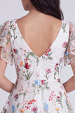 Ivory Floral A-Line V-Neck Graduation Dress with Ruffles