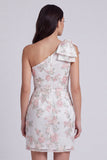 One Shoulder Floral Bodycon Little White Dress with Bow