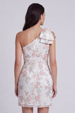 One Shoulder Ivory Floral Bodycon Bowed Mini Graduation Dress with Slit