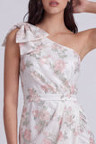 One Shoulder Floral Bodycon Little White Dress with Bow