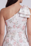 One Shoulder Floral Bodycon Little White Dress with Bow