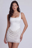 Bodycon Corset Sequins Square Neck Little White Dress with Lace Up Back