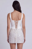 Bodycon Corset Sequins Square Neck Little White Dress with Lace Up Back