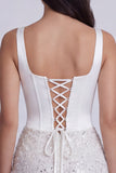 Bodycon Corset Sequins Square Neck Little White Dress with Lace Up Back