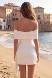 Off the Shoulder Ivory Bodycon Ruched Ruffled Bridal Shower Dress with Bow