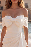 Off the Shoulder Ivory Bodycon Ruched Ruffled Bridal Shower Dress with Bow