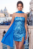 Gold Strapless Sequins Bodycon Short Cocktail Dress with Slit