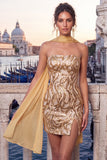 Gold Strapless Sequins Bodycon Short Cocktail Dress with Slit