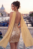Gold Strapless Sequins Bodycon Short Cocktail Dress with Slit
