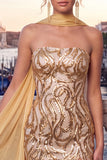 Gold Strapless Sequins Bodycon Short Cocktail Dress with Slit