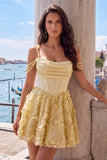 Yellow Corset Ruched Floral Spaghetti Straps A-Line Cocktail Dress with Beading