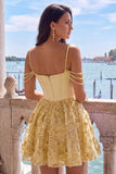 Yellow Corset Ruched Floral Spaghetti Straps A-Line Cocktail Dress with Beading
