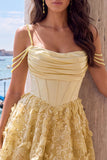 Yellow Corset Ruched Floral Spaghetti Straps A-Line Cocktail Dress with Beading