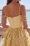 Yellow Corset Ruched Floral Spaghetti Straps A-Line Cocktail Dress with Beading