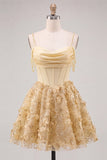 Yellow Corset Ruched Floral Spaghetti Straps A-Line Cocktail Dress with Beading