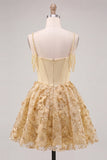 Yellow Corset Ruched Floral Spaghetti Straps A-Line Cocktail Dress with Beading