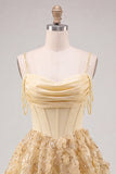 Yellow Corset Ruched Floral Spaghetti Straps A-Line Cocktail Dress with Beading