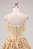 Yellow Corset Ruched Floral Spaghetti Straps A-Line Cocktail Dress with Beading