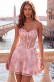 Pink Sheer Corset Floral A-Line Sweetheart Lace Up Back Cocktail Dress with Beading