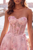 Pink Sheer Corset Floral A-Line Sweetheart Lace Up Back Cocktail Dress with Beading