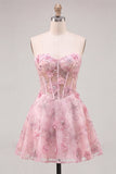 Pink Sheer Corset Floral A-Line Sweetheart Lace Up Back Cocktail Dress with Beading