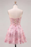 Pink Sheer Corset Floral A-Line Sweetheart Lace Up Back Cocktail Dress with Beading