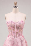 Pink Sheer Corset Floral A-Line Sweetheart Lace Up Back Cocktail Dress with Beading