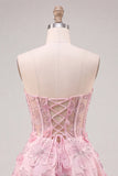 Pink Sheer Corset Floral A-Line Sweetheart Lace Up Back Cocktail Dress with Beading