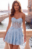 Pink Sheer Corset Floral A-Line Sweetheart Lace Up Back Cocktail Dress with Beading