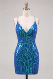 Dark Blue Sequins Bodycon Spaghetti Straps Homecoming Dress with Lace Up Back