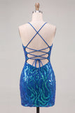 Dark Blue Sequins Bodycon Spaghetti Straps Homecoming Dress with Lace Up Back