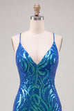 Dark Blue Sequins Bodycon Spaghetti Straps Homecoming Dress with Lace Up Back