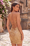 Dark Blue Sequins Bodycon Spaghetti Straps Homecoming Dress with Lace Up Back