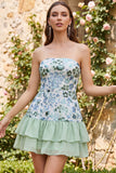 Light Green Strapless A-Line Tiered Sequins Ruffle Short Cocktail Dress