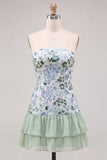 Light Green Strapless A-Line Tiered Sequins Ruffle Short Cocktail Dress