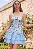 Light Green Strapless A-Line Tiered Sequins Ruffle Short Cocktail Dress