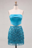 Blue Strapless Bodycon 2 Piece Sequins Corset Homecoming Dress with Fringes