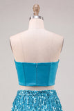 Blue Strapless Bodycon 2 Piece Sequins Corset Homecoming Dress with Fringes